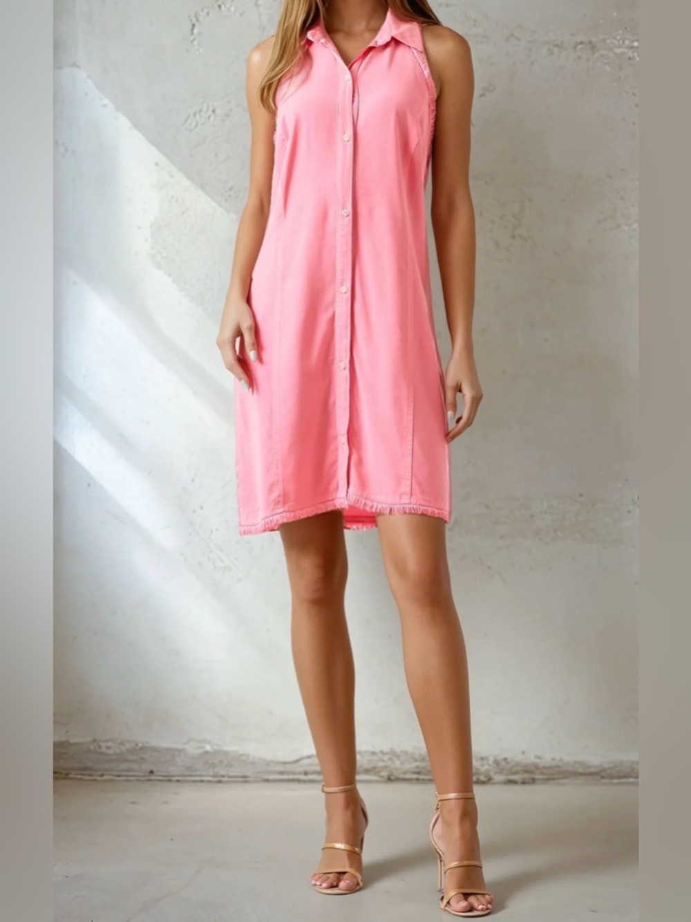 Maven West Pink Fringe Button Front Dress Sleeveless M